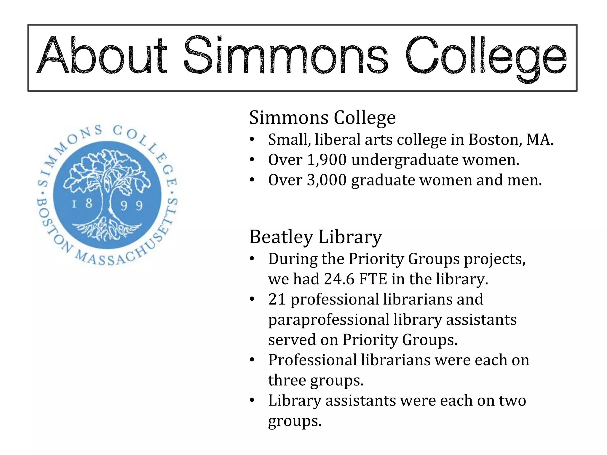 Simmons College
• Small, liberal arts college in Boston, MA.
• Over 1,900 undergraduate women.
• Over 3,000 graduate women and men.


Beatley Library
• During the Priority Groups projects,
  we had 24.6 FTE in the library.
• 21 professional librarians and
  paraprofessional library assistants
  served on Priority Groups.
• Professional librarians were each on
  three groups.
• Library assistants were each on two
  groups.
 
