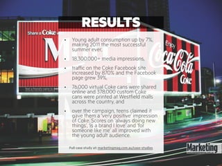 RESULTS
• Young adult consumption up by 7%,
making 2011 the most successful
summer ever,
• 18,300,000+ media impressions,
• traffic on the Coke Facebook site
increased by 870% and the Facebook
page grew 39%,
• 76,000 virtual Coke cans were shared
online and 378,000 custom Coke
cans were printed at Westfield malls
across the country, and
• over the campaign, teens claimed it
gave them a ‘very positive’ impression
of Coke. Scores on ‘always doing new
things’, ‘is a brand I love’ and ‘for
someone like me’ all improved with
the young adult audience.
Full case study at: marketingmag.com.au/case-studies
 
