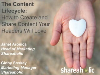 The Content
Lifecycle:
How to Create and
Share Content Your
Readers Will Love

Janet Aronica
Head of Marketing
Shareaholic

Ginny Soskey
Marketing Manager
Shareaholic
 