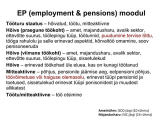 EP (employment & pensions) moodul
Tööturu staatus – hõivatud, töötu, mitteaktiivne
Hõive (praegune töökoht) – amet, majand...