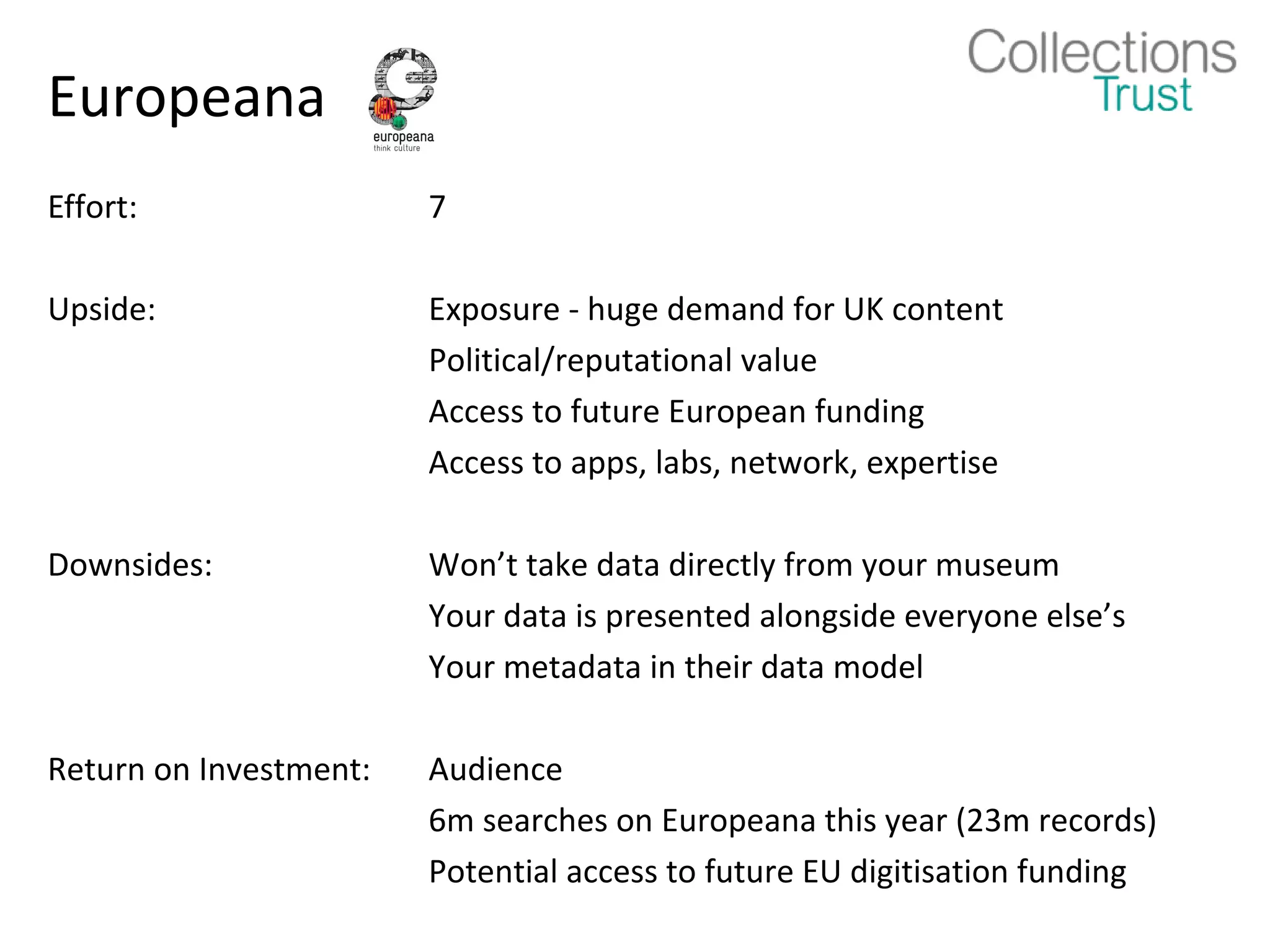 Europeana
Effort:                 7

Upside:                 Exposure - huge demand for UK content
                        Political/reputational value
                        Access to future European funding
                        Access to apps, labs, network, expertise

Downsides:              Won’t take data directly from your museum
                        Your data is presented alongside everyone else’s
                        Your metadata in their data model

Return on Investment:   Audience
                        6m searches on Europeana this year (23m records)
                        Potential access to future EU digitisation funding
 