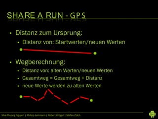 SHA RE A RUN - G P S

          Distanz zum Ursprung:
                Distanz von: Startwerten/neuen Werten


          Wegberechnung:
                Distanz von: alten Werten/neuen Werten
                Gesamtweg = Gesamtweg + Distanz
                neue Werte werden zu alten Werten




Nha-Phuong Nguyen | Philipp Lehmann | Robert Krüger | Stefan Zülch   26
 