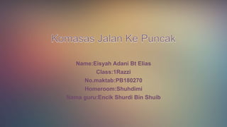 Name:Eisyah Adani Bt Elias
Class:1Razzi
No.maktab:PB180270
Homeroom:Shuhdimi
Nama guru:Encik Shurdi Bin Shuib
 
