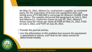 Illustration 1
On May 21, 20x1, Athena Co. contracted a supplier, an unrelated
party, for the acquisition of brand new equipment with cash
selling price of P2,000,000 in exchange for Athena’s 10,000, P100
par shares. The supplier delivered the equipment on July 5, 20x1
and Athena Co. issued the shares on July 20, 20x1. Athena’s
shares have fair values per share of P199 on May 21, 20x1, P192
on July 5, 20x1, and P197 on July 20, 20x1.
• Provide the journal entries.
• Use the information in this problem but assume the equipment
is specialized in nature, such that its fair value cannot be
determined reliably.
 