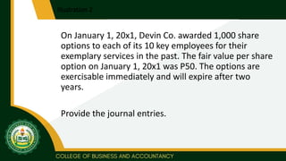 Illustration 2
On January 1, 20x1, Devin Co. awarded 1,000 share
options to each of its 10 key employees for their
exemplary services in the past. The fair value per share
option on January 1, 20x1 was P50. The options are
exercisable immediately and will expire after two
years.
Provide the journal entries.
 