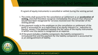 Modifications, Cancellations, and Settlements
If a grant of equity instruments is cancelled or settled during the vesting period:
I. The entity shall account for the cancellation or settlement as an acceleration of
vesting, and shall therefore recognize immediately the amount that otherwise
would have been recognized for services received over the remainder of the
vesting period.
II.Any payment made to the employee on the cancellation or settlement of the
grant is accounted for as a repurchase of an equity interest (i.e., reduction to
equity), except if the payment exceeds the fair value of the equity instruments
in which case the excess is recognized as an expense.
III.If the grant includes a liability component, the liability component is
remeasured first and the payment for the liability component is accounted for
as an extinguishment of liability.
 