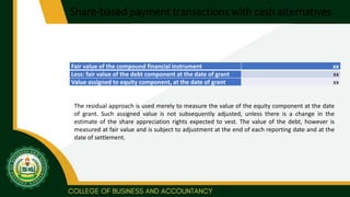 Share-based payment transactions with cash alternatives
Fair value of the compound financial instrument xx
Less: fair value of the debt component at the date of grant xx
Value assigned to equity component, at the date of grant xx
The residual approach is used merely to measure the value of the equity component at the date
of grant. Such assigned value is not subsequently adjusted, unless there is a change in the
estimate of the share appreciation rights expected to vest. The value of the debt, however is
measured at fair value and is subject to adjustment at the end of each reporting date and at the
date of settlement.
 