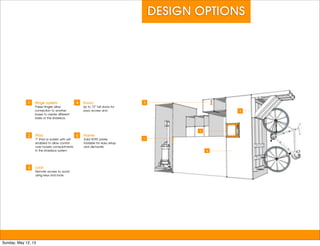 DESIGN OPTIONS
z
1
z
2
z
3
z
4
z
5
Hinge system
These hinges allow
connection to another
boxes to create different
styles of the sharebox.
iPad
7” iPad or screen with wifi
enabled to allow control
over lockers compartments
in the sharebox system
Lock
Remote access to avoid
using keys and locks.
Doors
Up to 72” tall doors for
ways access and
Frame
Solid HDPE plates
foldable for easy setup
and dismantle
z
3
z
4
z
2
z
5
z
1
Sunday, May 12, 13
 