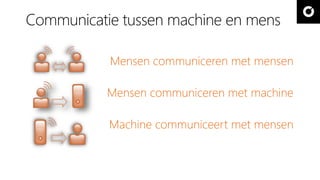 Communicatie tussen machine en mens 
Mensen communiceren met mensen 
Mensen communiceren met machine 
Machine communiceert met mensen 
 