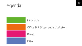 Introductie
Office 365, 3 keer anders bekeken
Demo
Q&A
 