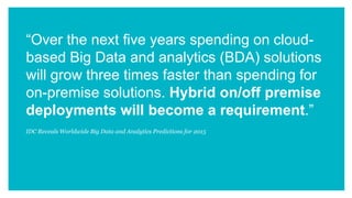 “Over the next five years spending on cloud-
based Big Data and analytics (BDA) solutions
will grow three times faster than spending for
on-premise solutions. Hybrid on/off premise
deployments will become a requirement.”
IDC Reveals Worldwide Big Data and Analytics Predictions for 2015
 