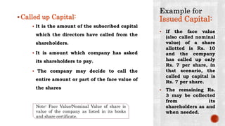 Issued Capital:
Called up Capital:
 It is the amount of the subscribed capital
which the directors have called from the
shareholders.
 It is amount which company has asked
its shareholders to pay.
 The company may decide to call the
entire amount or part of the face value of
the shares
 If the face value
(also called nominal
value) of a share
allotted is Rs. 10
and the company
has called up only
Rs. 7 per share, in
that scenario, the
called up capital is
Rs. 7 per share.
 The remaining Rs.
3 may be collected
from its
shareholders as and
when needed.
Note: Face Value/Nominal Value of share is
value of the company as listed in its books
and share certificate.
 