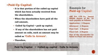 Paid-up Capital:
Paid-Up Capital:
 It is that portion of the called up capital
which has been actually received from
the shareholders.
 When the shareholders have paid all the
call amount,
 Called Up Capital = paid up capital.
 If any of the shareholders has not paid
amount on calls, such an amount may be
called as ‘Calls In Arrears’.
 Therefore,
ABC Pvt. LTD Co. Issued
80000 shares of Rs. 10
each payable as follows:
Application : 3 Rupees
Allotment : 2 Rupees
First Call : 3 Rupees
Final Call : 2 Rupees
One of the shareholder he
failed to Final call money.
Paid Up Capital = Called-up capital - Calls In Arrears
 