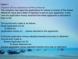 Option I
1.Rejection of Excess Applications and Money Returned
The company may reject the applications for shares in excess of the shares
offered for issue and a letter of rejection is sent to such applicants. In this
case the application money received from these applicants is refunded to
them in full.
The journal entry made is as follows:
Share Application A/c Dr
To Bank A/c
(Application money on … shares refunded to the applicants)
(ii) Excess application money adjusted towards sums due on allotment.
Journal entry made is :
Shares Application A/c Dr
To Share Allotment A/c
(Excess application money adjusted towards sums due on allotment)
 