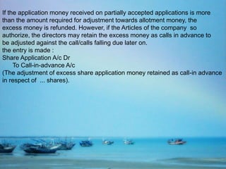If the application money received on partially accepted applications is more
than the amount required for adjustment towards allotment money, the
excess money is refunded. However, if the Articles of the company so
authorize, the directors may retain the excess money as calls in advance to
be adjusted against the call/calls falling due later on.
the entry is made :
Share Application A/c Dr
To Call-in-advance A/c
(The adjustment of excess share application money retained as call-in advance
in respect of ... shares).
 
