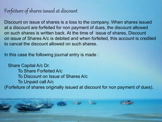 Forfeiture of shares issued at discount
Discount on issue of shares is a loss to the company. When shares issued
at a discount are forfeited for non payment of dues, the discount allowed
on such shares is written back. At the time of issue of shares, Discount
on issue of Shares A/c is debited and when forfeited, this account is credited
to cancel the discount allowed on such shares.
In this case the following journal entry is made :
Share Capital A/c Dr.
To Share Forfeited A/c
To Discount on Issue of Shares A/c
To Unpaid call A/c
(Forfeiture of shares originally issued at discount for non payment of dues).
 
