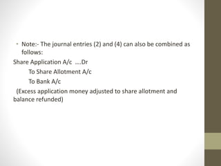 • Note:- The journal entries (2) and (4) can also be combined as
follows:
Share Application A/c ….Dr
To Share Allotment A/c
To Bank A/c
(Excess application money adjusted to share allotment and
balance refunded)
 