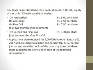 Q6. Janta Papers Limited invited applications for 1,00,000 equity
shares of Rs. 25 each payable as under:
• On Application Rs. 5.00 per share
On Allotment Rs. 7.50 per share
On First Call Rs. 7.50 per share
(due two months after allotment)
• On Second and Final Call Rs. 5.00 per share
(due two months after First Call)
• Applications were received for 4,00,000 shares on January 01,
2017 and allotment was made on February 01, 2017. Record
journal entries in the books of the company to record these
share capital transactions under each of the following
circumstances:
 