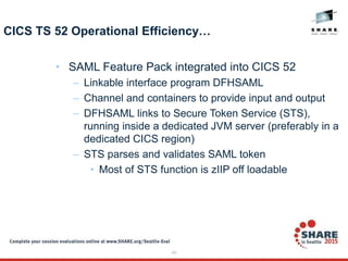 49
CICS TS 52 Operational Efficiency…
• SAML Feature Pack integrated into CICS 52
– Linkable interface program DFHSAML
– Channel and containers to provide input and output
– DFHSAML links to Secure Token Service (STS),
running inside a dedicated JVM server (preferably in a
dedicated CICS region)
– STS parses and validates SAML token
• Most of STS function is zIIP off loadable
 