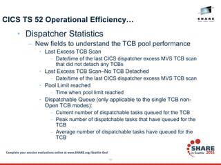 59
CICS TS 52 Operational Efficiency…
• Dispatcher Statistics
– New fields to understand the TCB pool performance
• Last Excess TCB Scan
– Date/time of the last CICS dispatcher excess MVS TCB scan
that did not detach any TCBs
• Last Excess TCB Scan–No TCB Detached
– Date/time of the last CICS dispatcher excess MVS TCB scan
• Pool Limit reached
– Time when pool limit reached
• Dispatchable Queue (only applicable to the single TCB non-
Open TCB modes):
– Current number of dispatchable tasks queued for the TCB
– Peak number of dispatchable tasks that have queued for the
TCB
– Average number of dispatchable tasks have queued for the
TCB
 