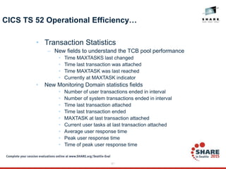 61
CICS TS 52 Operational Efficiency…
• Transaction Statistics
– New fields to understand the TCB pool performance
• Time MAXTASKS last changed
• Time last transaction was attached
• Time MAXTASK was last reached
• Currently at MAXTASK indicator
• New Monitoring Domain statistics fields
• Number of user transactions ended in interval
• Number of system transactions ended in interval
• Time last transaction attached
• Time last transaction ended
• MAXTASK at last transaction attached
• Current user tasks at last transaction attached
• Average user response time
• Peak user response time
• Time of peak user response time
 