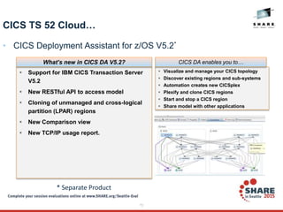 73
CICS TS 52 Cloud…
• CICS Deployment Assistant for z/OS V5.2*
 Support for IBM CICS Transaction Server
V5.2
 New RESTful API to access model
 Cloning of unmanaged and cross-logical
partition (LPAR) regions
 New Comparison view
 New TCP/IP usage report.
What’s new in CICS DA V5.2?
 Visualize and manage your CICS topology
 Discover existing regions and sub-systems
 Automation creates new CICSplex
 Plexify and clone CICS regions
 Start and stop a CICS region
 Share model with other applications
CICS DA enables you to…
* Separate Product
 