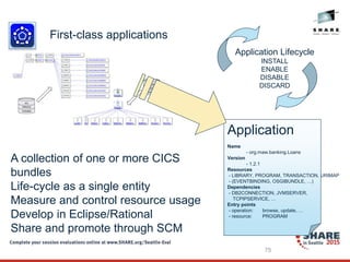 75
First-class applications
A collection of one or more CICS
bundles
Life-cycle as a single entity
Measure and control resource usage
Develop in Eclipse/Rational
Share and promote through SCM
Application
Name
- org.maw.banking.Loans
Version
- 1.2.1
Resources
- LIBRARY, PROGRAM, TRANSACTION, URIMAP
- (EVENTBINDING, OSGIBUNDLE, …)
Dependencies
- DB2CONNECTION, JVMSERVER,
TCPIPSERVICE, …
Entry points
- operation: browse, update, …
- resource: PROGRAM
Application Lifecycle
INSTALL
ENABLE
DISABLE
DISCARD
 