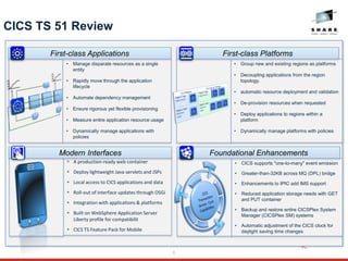 8
CICS TS 51 Review
• CICS supports "one-to-many" event emission
• Greater-than-32KB across MQ (DPL) bridge
• Enhancements to IPIC add IMS support
• Reduced application storage needs with GET
and PUT container
• Backup and restore entire CICSPlex System
Manager (CICSPlex SM) systems
• Automatic adjustment of the CICS clock for
daylight saving time changes
 A production-ready web container
 Deploy lightweight Java servlets and JSPs
 Local access to CICS applications and data
 Roll-out of interface updates through OSGi
 Integration with applications & platforms
 Built on WebSphere Application Server
Liberty profile for compatibilit
 CICS TS Feature Pack for Mobile
• Group new and existing regions as platforms
• Decoupling applications from the region
topology.
• automatic resource deployment and validation
• De-provision resources when requested
• Deploy applications to regions within a
platform
• Dynamically manage platforms with policies
Modern Interfaces Foundational Enhancements
First-class Platforms
• Manage disparate resources as a single
entity
• Rapidly move through the application
lifecycle
• Automate dependency management
• Ensure rigorous yet flexible provisioning
• Measure entire application resource usage
• Dynamically manage applications with
policies
First-class Applications
 