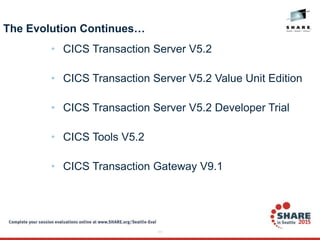 11
The Evolution Continues…
• CICS Transaction Server V5.2
• CICS Transaction Server V5.2 Value Unit Edition
• CICS Transaction Server V5.2 Developer Trial
• CICS Tools V5.2
• CICS Transaction Gateway V9.1
 
