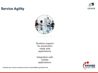 13
Service Agility
Runtime support
for production
ready web
applications.
Integration with
mobile
applications.
 