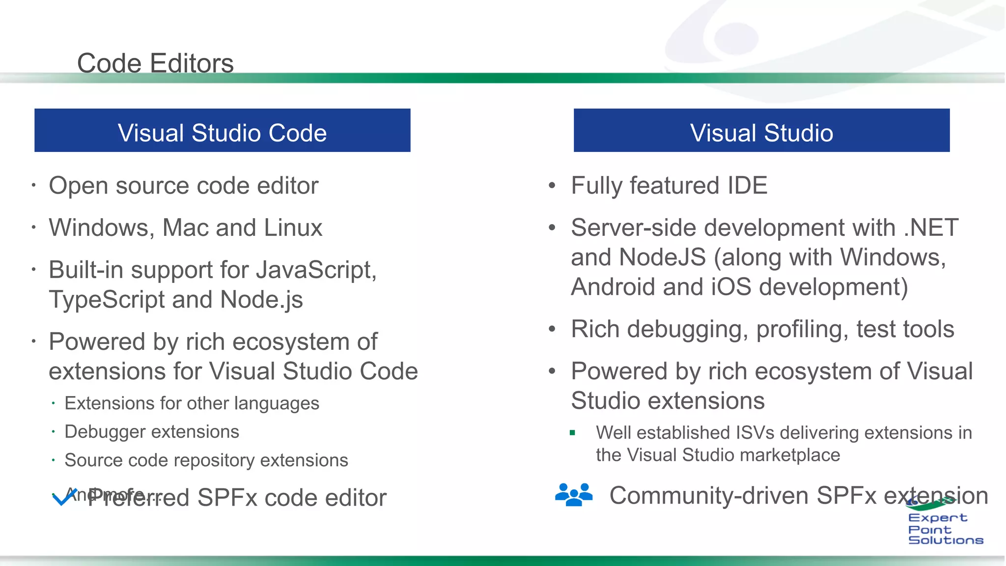 Code Editors
 Open source code editor
 Windows, Mac and Linux
 Built-in support for JavaScript,
TypeScript and Node.js
 Powered by rich ecosystem of
extensions for Visual Studio Code
 Extensions for other languages
 Debugger extensions
 Source code repository extensions
 And more…
•
•
•
•

Community-driven SPFx extensionPreferred SPFx code editor
 