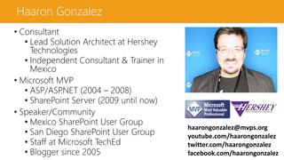 Haaron Gonzalez
• Consultant
• Lead Solution Architect at Hershey
Technologies
• Independent Consultant & Trainer in
Mexico
• Microsoft MVP
• ASP/ASP.NET (2004 – 2008)
• SharePoint Server (2009 until now)
• Speaker/Community
• Mexico SharePoint User Group
• San Diego SharePoint User Group
• Staff at Microsoft TechEd
• Blogger since 2005
haarongonzalez@mvps.org
youtube.com/haarongonzalez
twitter.com/haarongonzalez
facebook.com/haarongonzalez
 