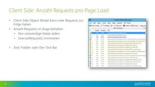 • Client Side Object Model kann viele Requests zur
Folge haben
• Anzahl Requests im Auge behalten
• Nur notwendige Daten laden
• ExecuteRequest() minimieren
• Tool: Fiddler oder Dev Tool Bar
10
Client Side: Anzahl Requests pro Page Load
 
