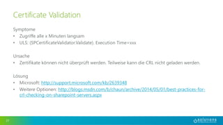 Symptome
• Zugriffe alle x Minuten langsam
• ULS: (SPCertificateValidator.Validate). Execution Time=xxx
Ursache
• Zertifikate können nicht überprüft werden. Teilweise kann die CRL nicht geladen werden.
Lösung
• Microsoft: http://support.microsoft.com/kb/2639348
• Weitere Optionen: http://blogs.msdn.com/b/chaun/archive/2014/05/01/best-practices-for-
crl-checking-on-sharepoint-servers.aspx
27
Certificate Validation
 