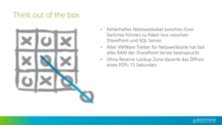 Think out of the box
• Fehlerhaftes Netzwerkkabel zwischen Core
Switches führten zu Paket-loss zwischen
SharePoint und SQL Server.
• Alter VMWare Treiber für Netzwerkkarte hat fast
alles RAM der SharePoint Server beansprucht.
• Ohne Reverse Lookup Zone dauerte das Öffnen
eines PDFs 15 Sekunden.
 