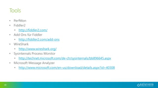 • PerfMon
• Fiddler2
• http://fiddler2.com/
• Add Ons für Fiddler
• http://fiddler2.com/add-ons
• WireShark
• http://www.wireshark.org/
• Sysinternals Process Monitor
• http://technet.microsoft.com/de-ch/sysinternals/bb896645.aspx
• Microsoft Message Analyzer
• http://www.microsoft.com/en-us/download/details.aspx?id=40308
40
Tools
 