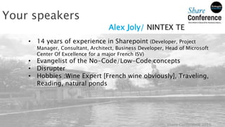 @share4business #share4biz Share Conference 2016
Alex Joly/ NINTEX TE
• 14 years of experience in Sharepoint (Developer, P...
