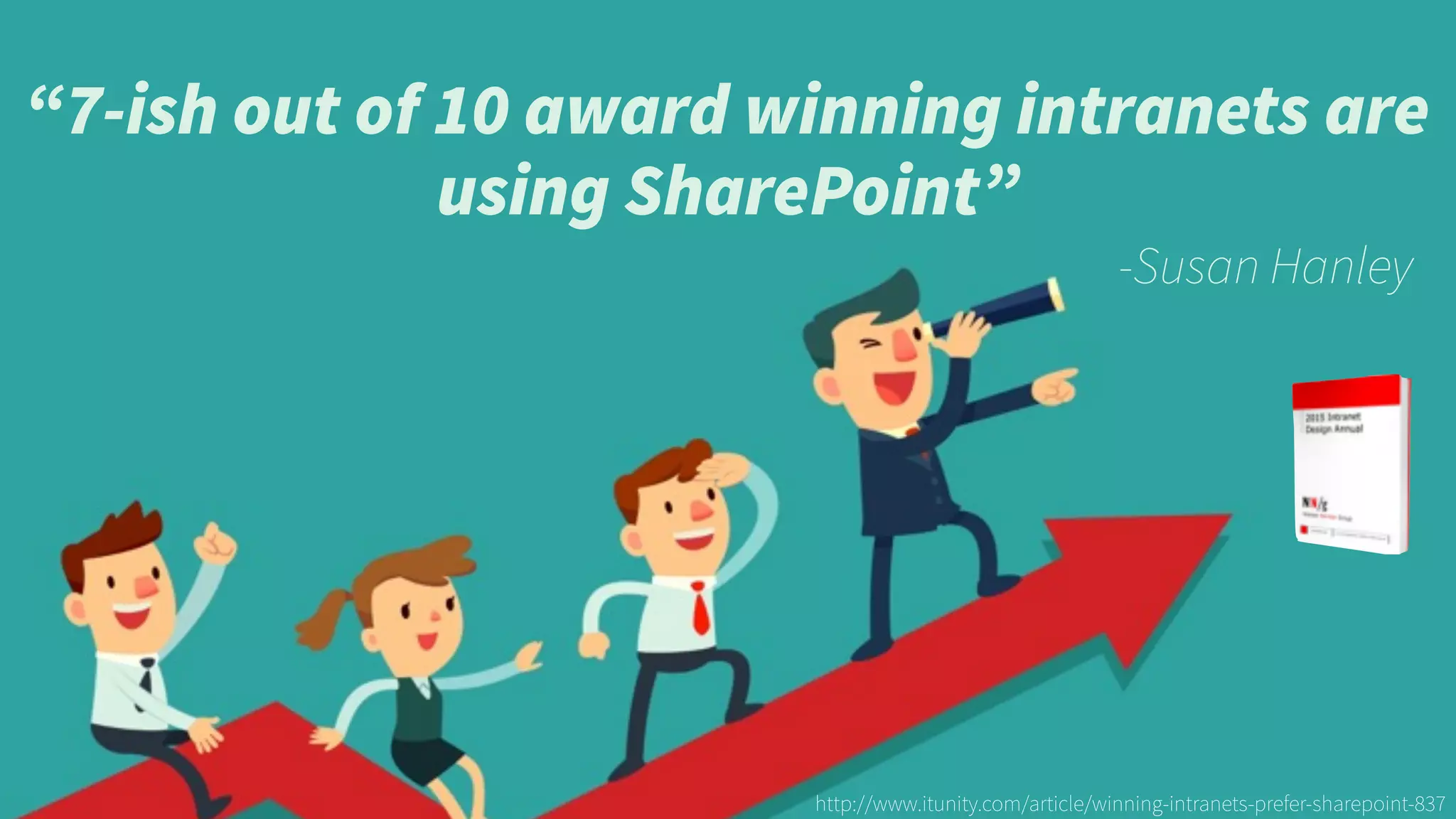 “7-ish out of 10 award winning intranets are
using SharePoint”
-Susan Hanley
http://www.itunity.com/article/winning-intranets-prefer-sharepoint-837
 