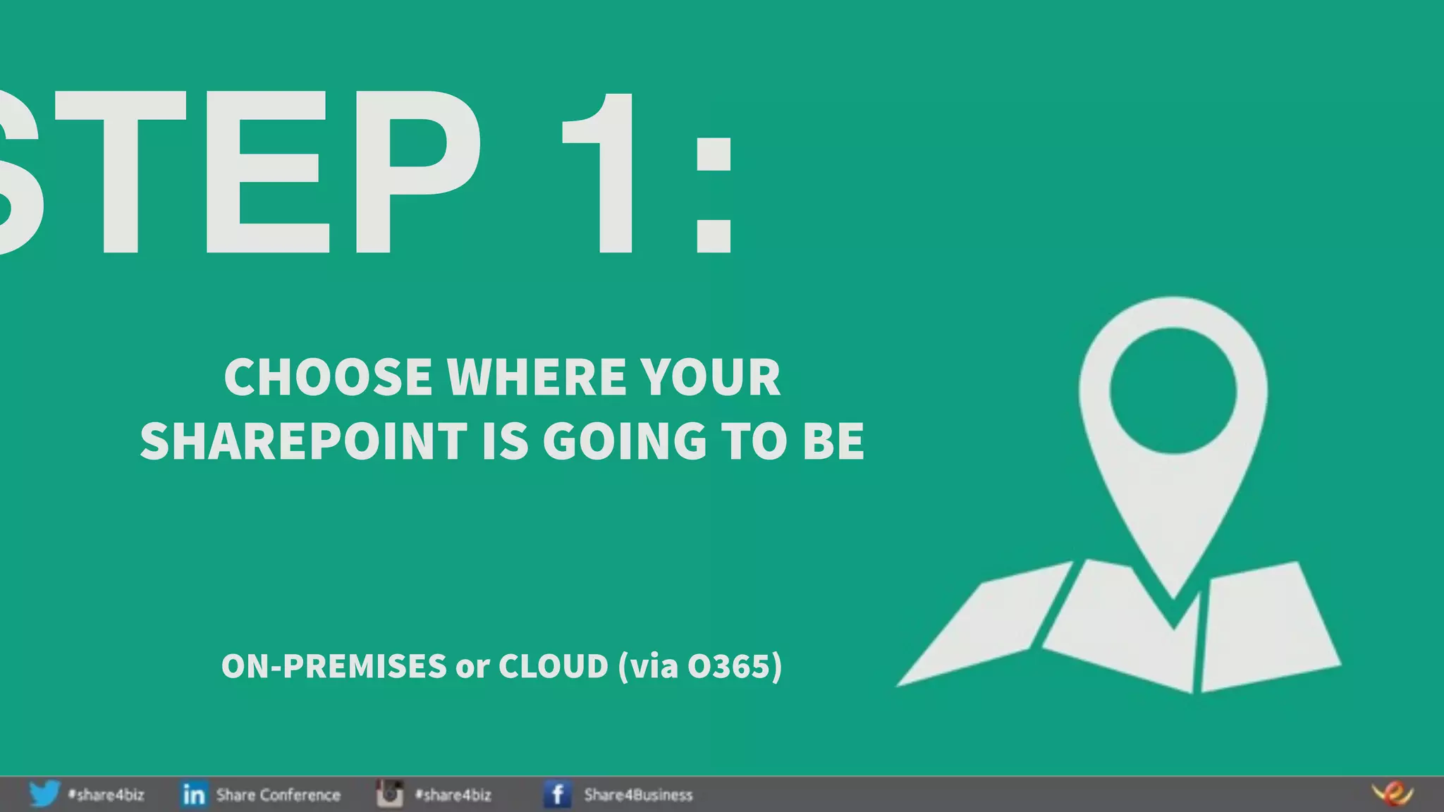STEP 1:
CHOOSE WHERE YOUR
SHAREPOINT IS GOING TO BE
ON-PREMISES or CLOUD (via O365)
 