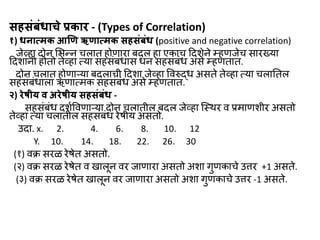 सहसंबंधाचे प्रकार - (Types of Correlation)
१) धनात्मक आणण ऋणात्मक सहसंबंध (positive and negative correlation)
जेव्ीा दोन भ...