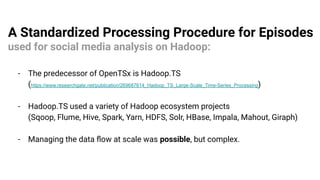 A Standardized Processing Procedure for Episodes
used for social media analysis on Hadoop:
- The predecessor of OpenTSx is Hadoop.TS
(https://www.researchgate.net/publication/269687614_Hadoop_TS_Large-Scale_Time-Series_Processing)
- Hadoop.TS used a variety of Hadoop ecosystem projects
(Sqoop, Flume, Hive, Spark, Yarn, HDFS, Solr, HBase, Impala, Mahout, Giraph)
- Managing the data ﬂow at scale was possible, but complex.
 