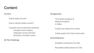 Content:
(1) Intro
Typical types of event
How to identify hidden events?
3 aspects around advanced analytics:
Complex event analysis
Integration across domains
Extraction of hidden events
(2) The Challenge
(3) Approach
Time Series Analytics &
Network Analytics
in Kafka
Create time series from events
Create graphs from time series pairs
(4) Architecture:
Simplified architecture for CSA
Reusable building blocks for CSA
 