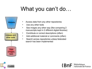 What you can’t do…

•   Access data from any other repositories
•    Use any other tools
•    See images any other way (like comparing 2
    manuscripts kept in 2 different digital libraries)
•    Contribute or correct descriptions (often)
•    Add additional material or comments (often)
•    Search across repositories unless federated
    search has been implemented
 
