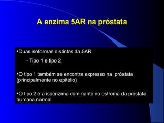 A enzima 5AR na próstata

•Duas isoformas distintas da 5AR
- Tipo 1 e tipo 2

•O tipo 1 também se encontra expresso na próstata
(principalmente no epitélio)

•O tipo 2 é a isoenzima dominante no estroma da próstata
humana normal

 