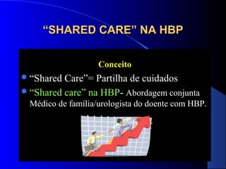 “SHARED CARE” NA HBP
Conceito
 “Shared

Care”= Partilha de cuidados
 “Shared care” na HBP- Abordagem conjunta
Médico de família/urologista do doente com HBP.

 