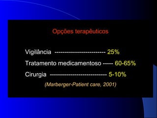 Opções terapêuticos
Vigilância ------------------------- 25%
Tratamento medicamentoso ----- 60-65%
Cirurgia ---------------------------- 5-10%
(Marberger-Patient care, 2001)

 