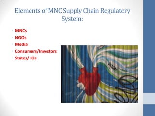Elements of MNC Supply Chain Regulatory
                   System:
•   MNCs
•   NGOs
•   Media
•   Consumers/Investors
•   States/ IOs
 