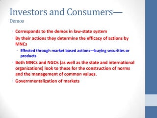 Investors and Consumers—
Demos
• Corresponds to the demos in law-state system
• By their actions they determine the efficacy of actions by
  MNCs
  • Effected through market based actions—buying securities or
    products
• Both MNCs and NGOs (as well as the state and international
  organizations) look to these for the construction of norms
  and the management of common values.
• Governmentalization of markets
 