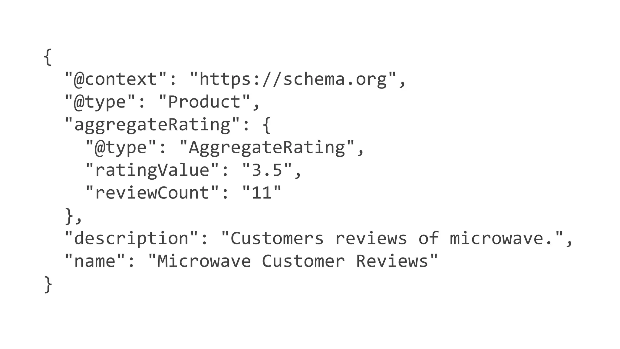 {
"@context": "https://schema.org",
"@type": "Product",
"aggregateRating": {
"@type": "AggregateRating",
"ratingValue": "3.5",
"reviewCount": "11"
},
"description": "Customers reviews of microwave.",
"name": "Microwave Customer Reviews"
}
 