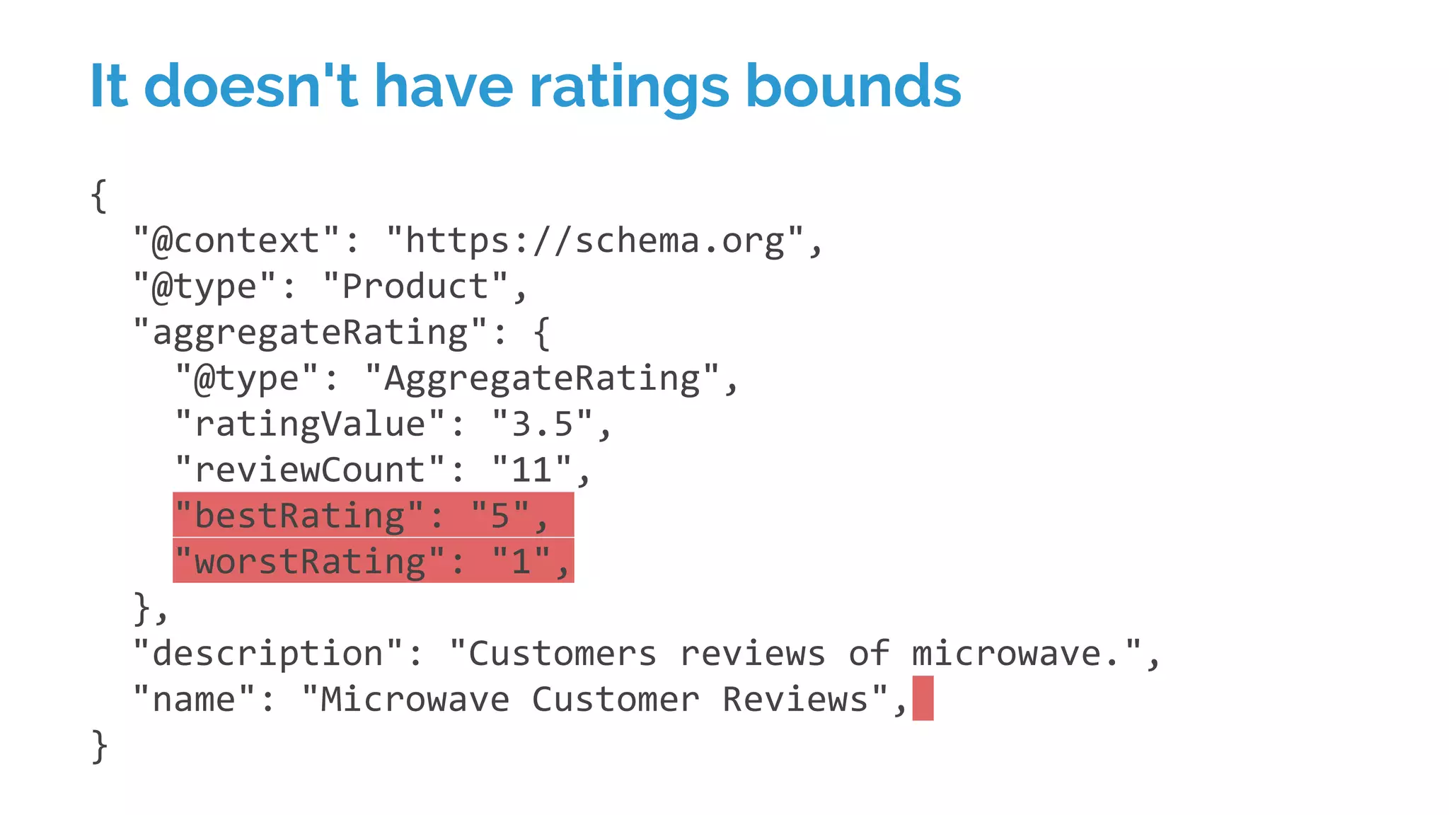 {
"@context": "https://schema.org",
"@type": "Product",
"aggregateRating": {
"@type": "AggregateRating",
"ratingValue": "3.5",
"reviewCount": "11",
"bestRating": "5",
"worstRating": "1",
},
"description": "Customers reviews of microwave.",
"name": "Microwave Customer Reviews",
}
It doesn't have ratings bounds
 
